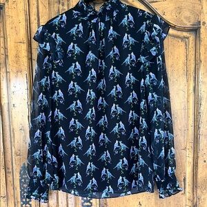 Women’s “Lovebirds” Ruffled Black Patterned Blouse